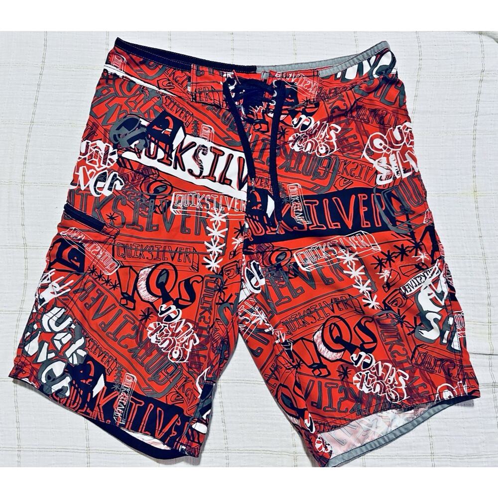 Quiksilver Red Graffiti Spellout Men's Sz 34 BoardShorts Surf Swim Trunks